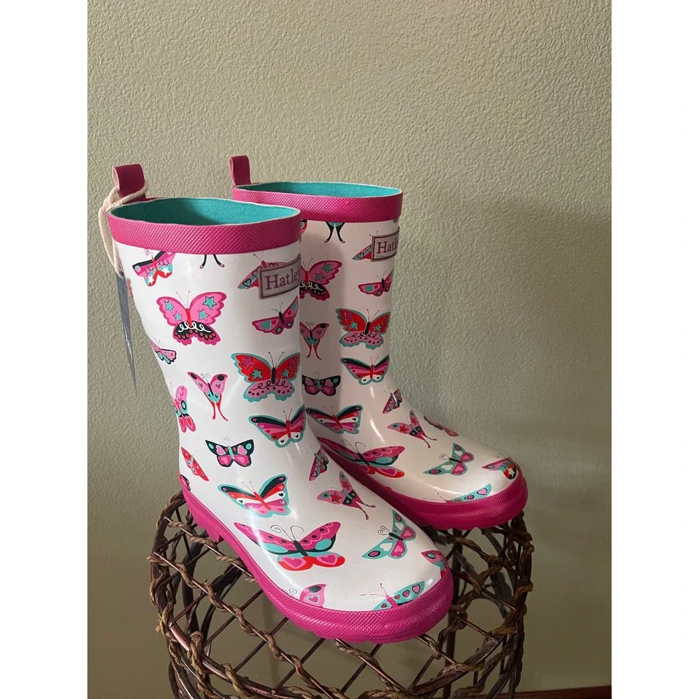 HATLEY Girls White Pink Butterflies Rain Boots Size 2 New